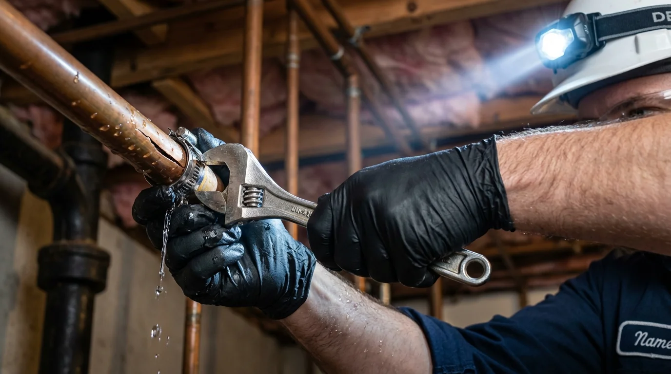 Emergency pipe clamp repair being performed by a Johns Plumbing LLC plumber in Colorado City
