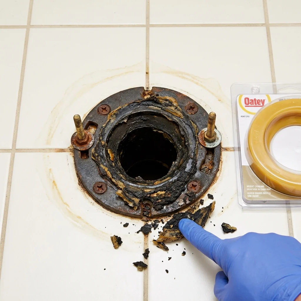 Failed wax ring showing water seepage at the base of a toilet in a Colorado City, TX home