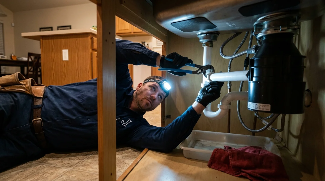 P-trap and supply line connections under a kitchen sink showing a common leak point in Colorado City, TX